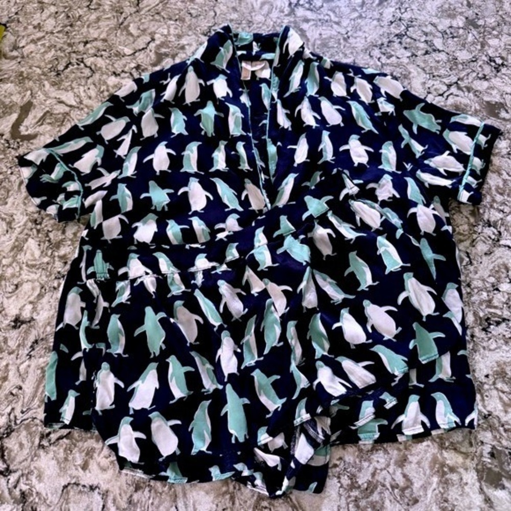 Anthropologie Lyrebird Silky Penguins Short Sleeve Pajama Top & Shorts Set Small